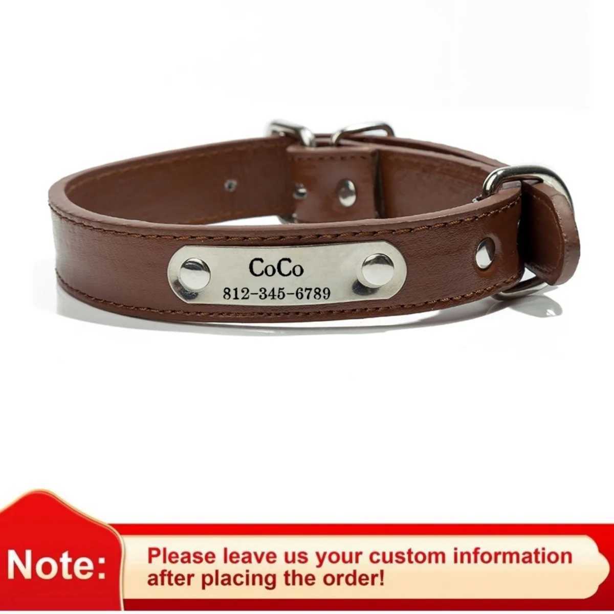 Personalized Dog Collar Name Carved ID Tag Anti-lost Solid PU Leather Collar For Small Medium Large Dogs Puppy Cat Pet SuppliesXJ250218