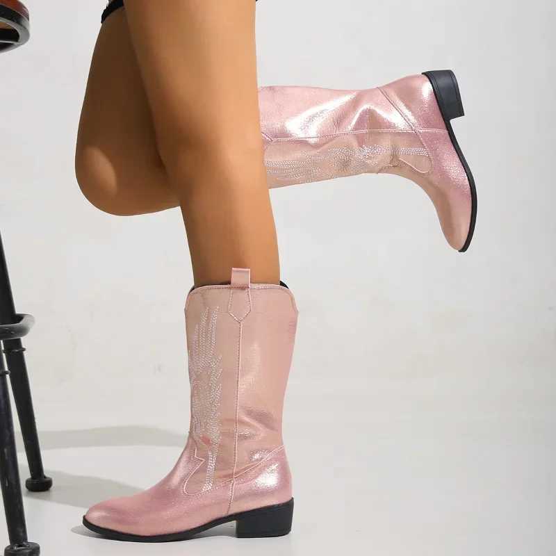 Pink Embroider Cowboy Boots for Women 2023 Autumn Winter Chunky Heels Mid Calf Western Knight Boots Woman Pointed Toe Tube Botas Z250704