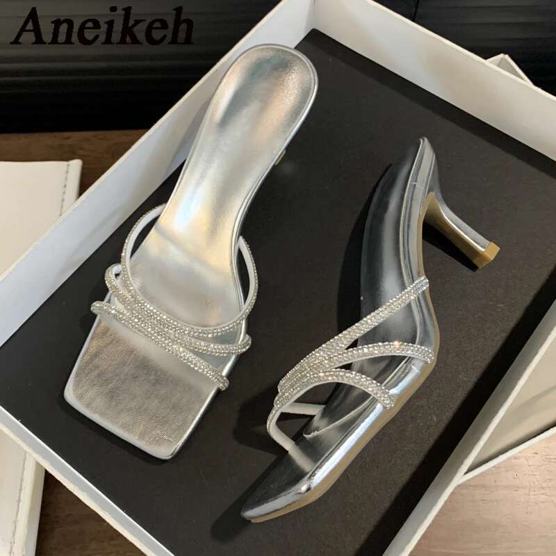 Aneikeh Summer Sexy Sier Square Headed High Elegant Sandals Slim Heels Women's Party Sandalias Feminina