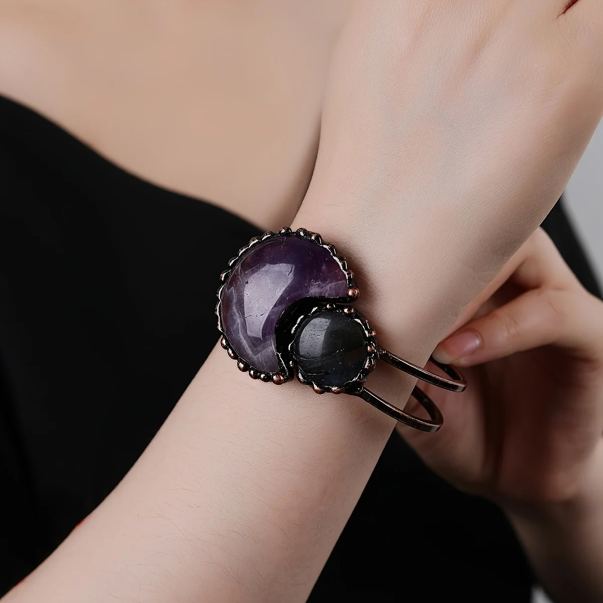 YEEVAA Colorful Natural Stone Open Bangle Bracelet Vintage Style Black Color Hand Perfect Gift Idea 250213