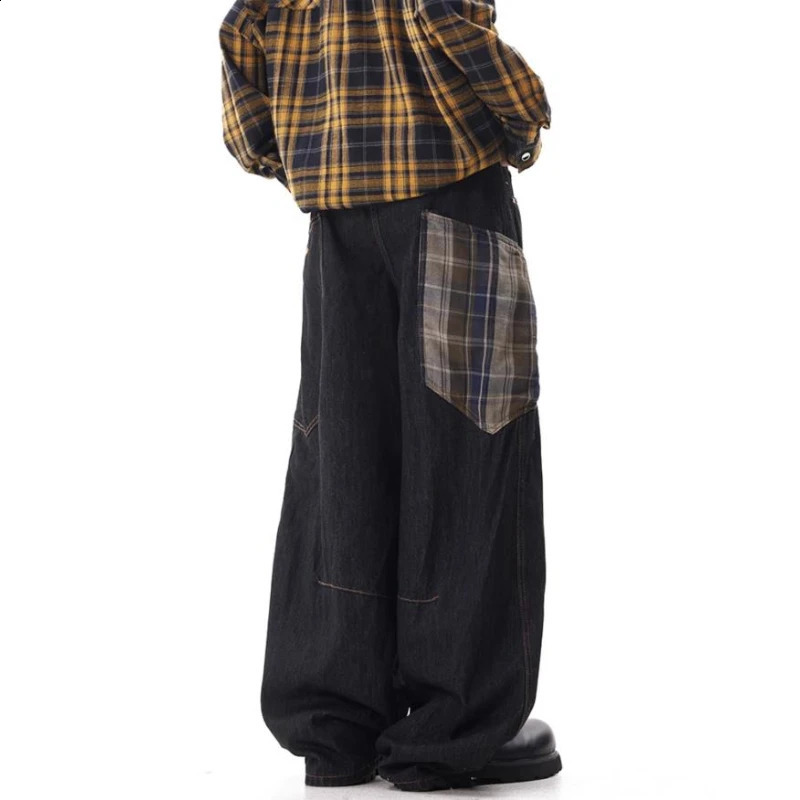 Plaid Patchwork Hip Hop Mens Jeans American High Street Big Pocket Couple Denim Pants Color Block Wide Legs Cowboy Trousers 250218