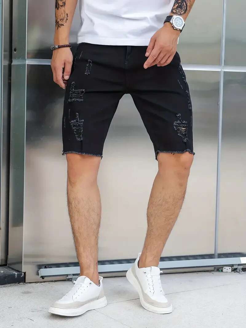 Summer Men's Stretch Denim Shorts Men's Designer Shorts Slim Fit Straight Leg Shorts Fashionable Black Jeans Men's Clothing Retro Stree