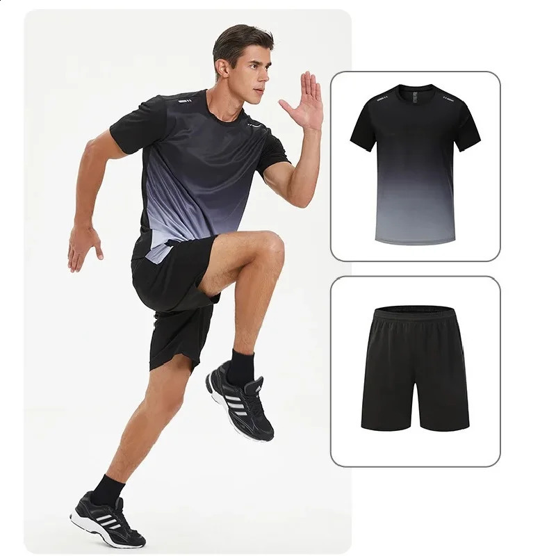 Summer Fitness Clothing Ice Silk Speed Drying T-shirt Set Mens Short sleeved Running Sports Clothing Gym Training Set 250218