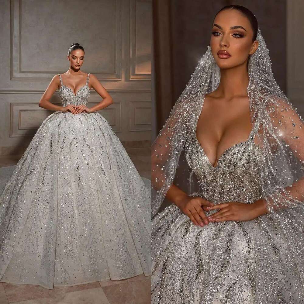 Illusion Ball Gown Strapless Spaghetti Strap Sequins Beads or-Length Sparkg Bride Wedding Dress Custom Made