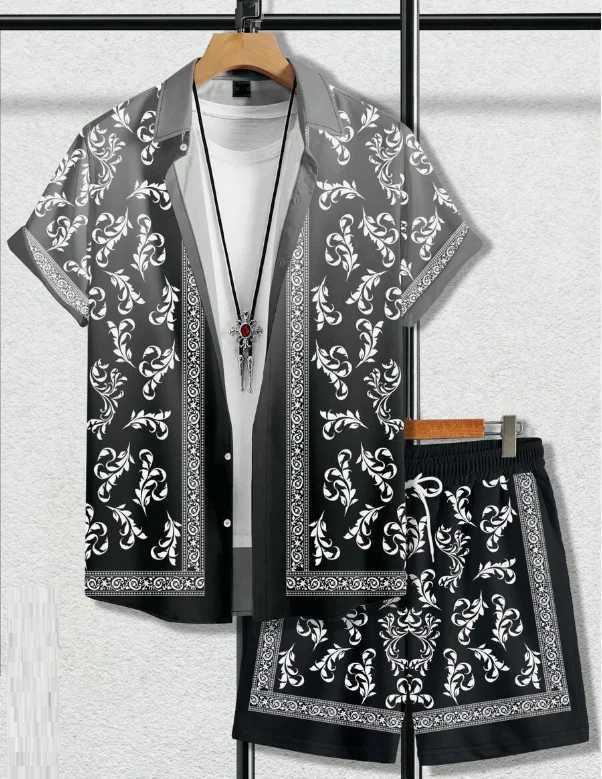 Hawaiian Shirt Set Men 3D Printed Retro Pattern Summer Fashion Casual Luxury Daily Oversized Button-up Shirt+shorts 2 Piece SetXJ250218