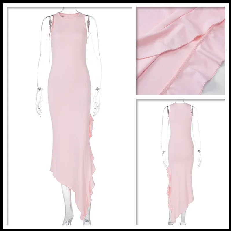 BWQ Ruffles Slim Bodycon Asymmetrical Dress Women Midi Long Sping Summer Dress Nightclub Sexy Party Dresses Vestidos 250218