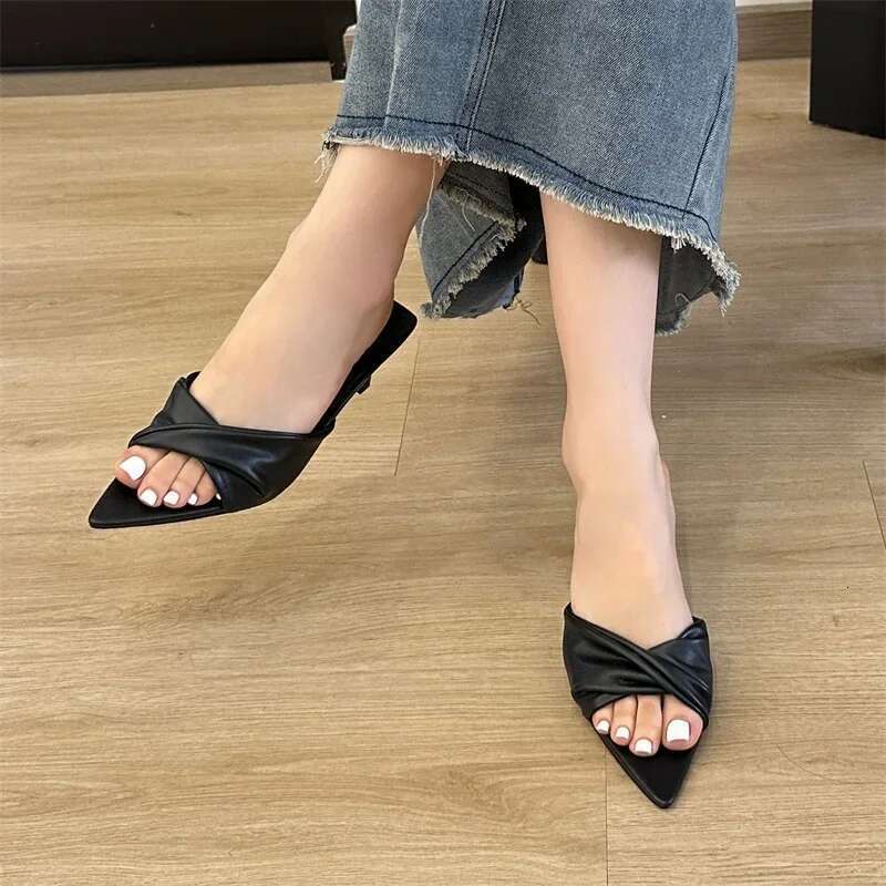 Fashion Design Pleated Pointed Toe Women Slippers Elegant Thin Low Heels Summer Female Slide Shoes