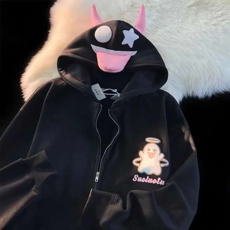 Devil Horn Hooded Top Women And Men Couple Loose Oversized Sweatshirt Anime Casual Zip up Hoodie Y2k Vintage Streetwear