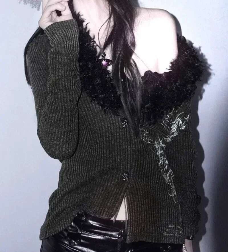 Vintage Punk Y2k Aesthetic Faux Far V Neck Button Cardigan Autumn American Haruku Print Office Lady Clothes Subcultural Shirts
