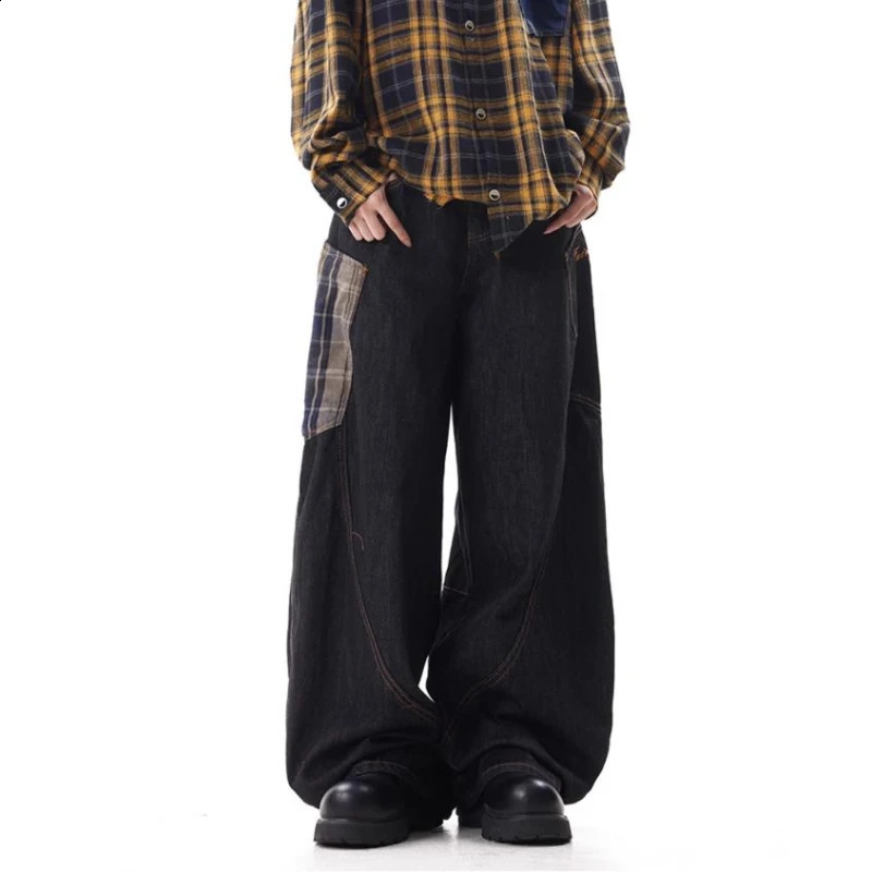 Plaid Patchwork Hip Hop Mens Jeans American High Street Big Pocket Couple Denim Pants Color Block Wide Legs Cowboy Trousers 250218