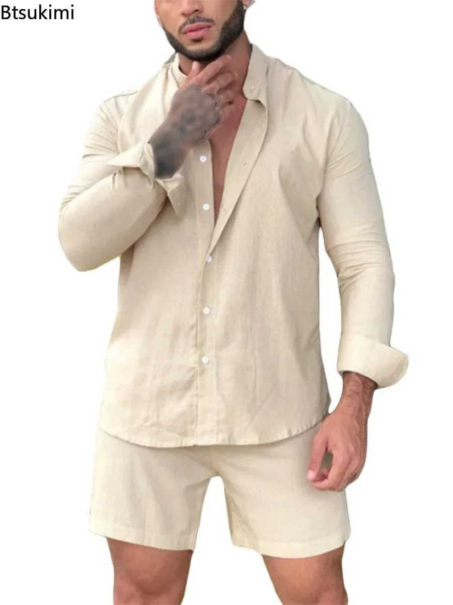 New 2025 Mens Summer Casual Hawaiian Beach Sets 2PCS Solid Long Sleeve Shirt and Board Shorts Streetwear Cotton Linen Men SetsXJ250218