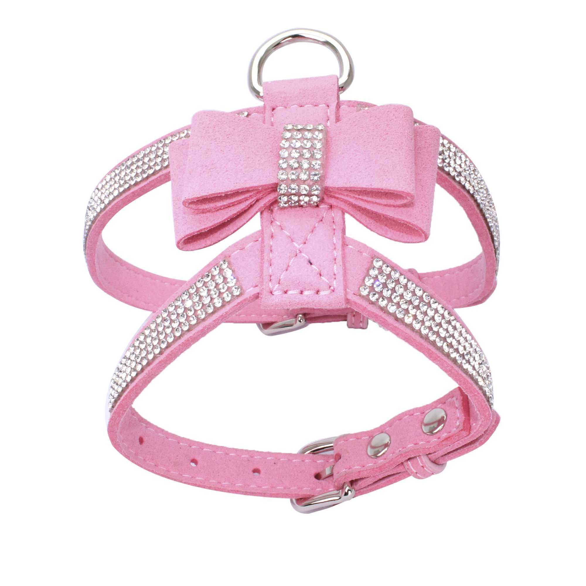 Pet Harness Leash With Rhinestone Bling Crystal Adjustable Chest Strap Soft Suede Bow Leather High Quality Drop ShippingXJ250218