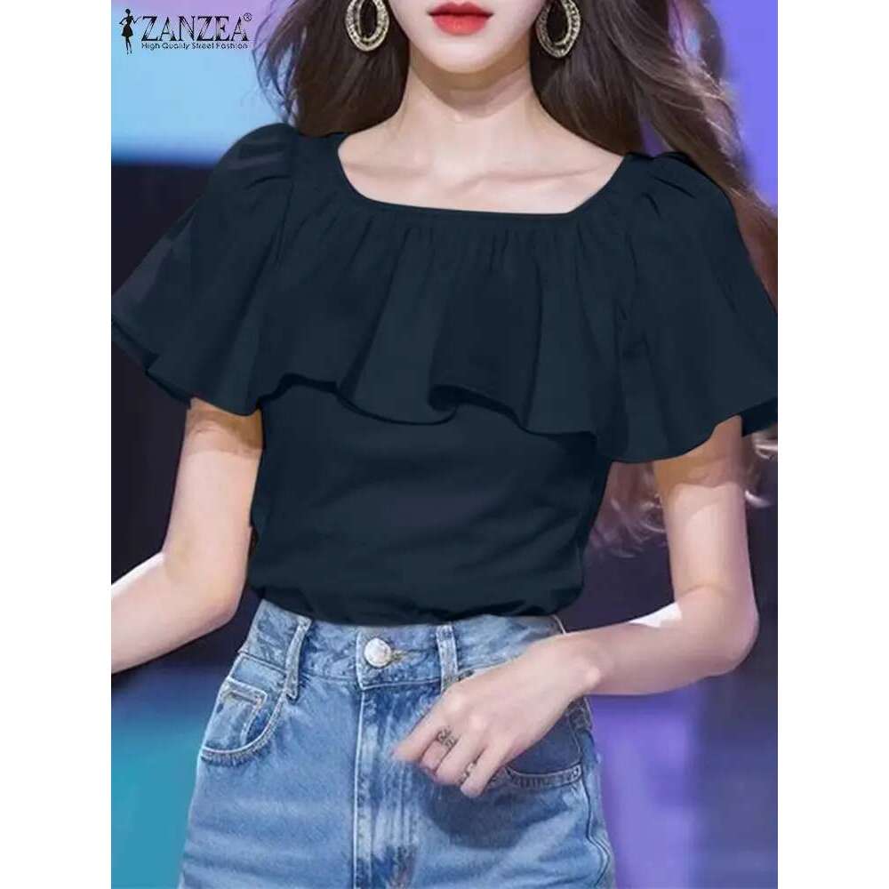 ZANZEA Women Ruffled Ing Blouse 2024 Summer Short Sleeve Shirts Fashion Holiday O-Neck Casual Loose Solid Color Tops