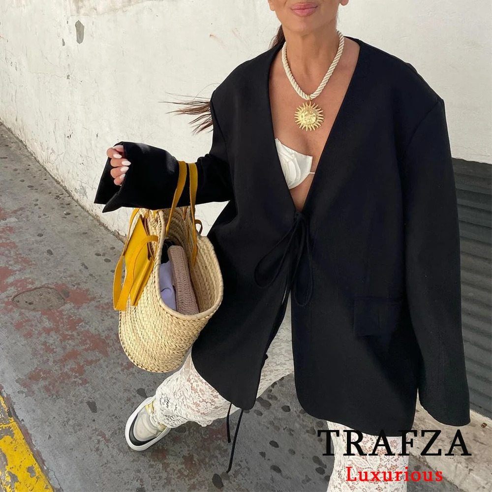 TRAFZA Casual Oversized Black Blazer Women V Neck Bow Tie Pockets Loose Jackets Fashion Streetwear Outwears 250213