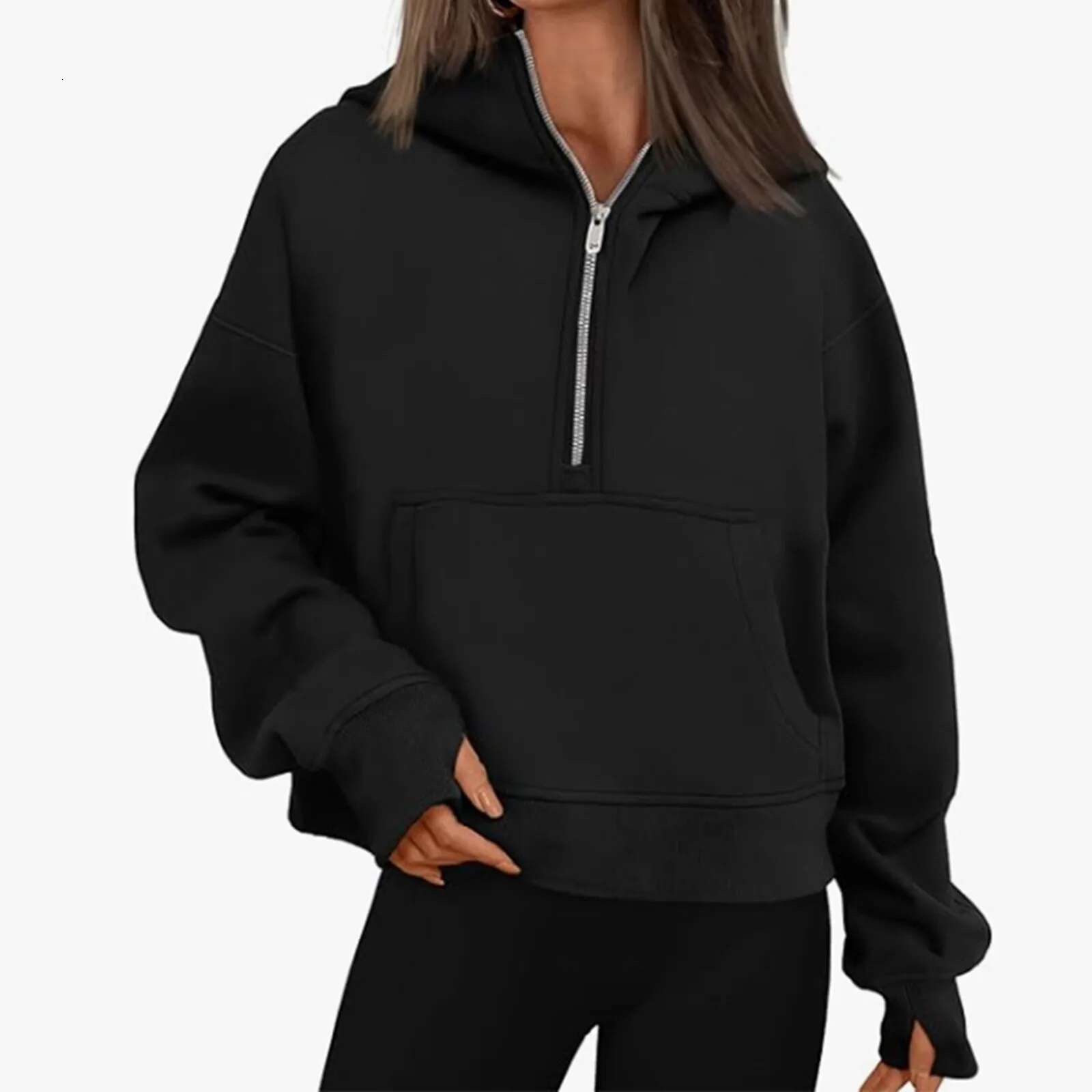 Autumn Winter Women's Oversize Zip-Up Half Cardigan High-Neck Hooded Sweatshirt Y2k Plus Size Long Sleeve Sports Suit