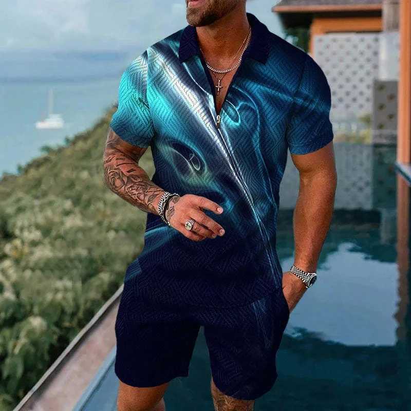 Solid Color Gradient Print Men Sweatsuit Set Summer Casual Zipper Polo Shirt And Shorts 2pcs Sets Fashion Man Pullover ClothingXJ250218
