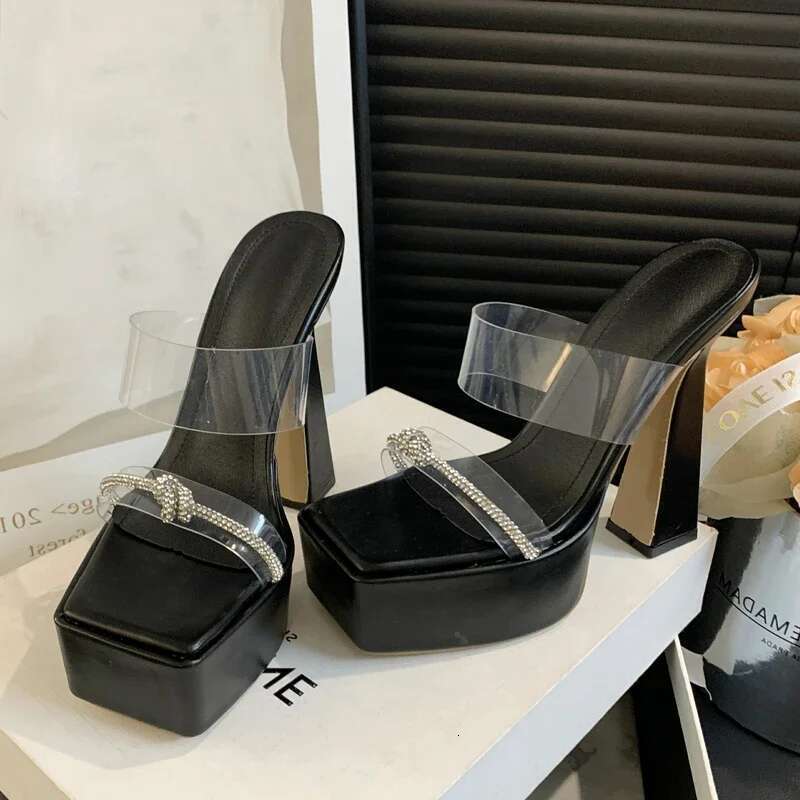 Designer Platform Crystal Women Slippers Fashion PVC Transparent Square Toe Chunky High Heels Slide Shoes