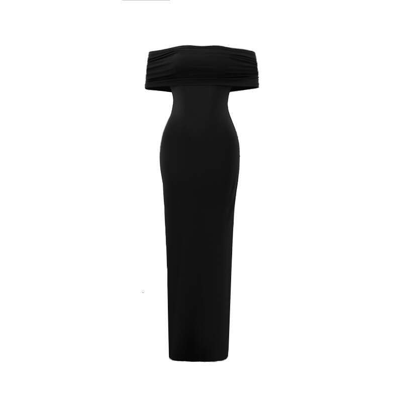 women's European and American summer sexy temperament one shoulder exposed backpack hip pleat solid color dress 2025 new casual versatile fashion
