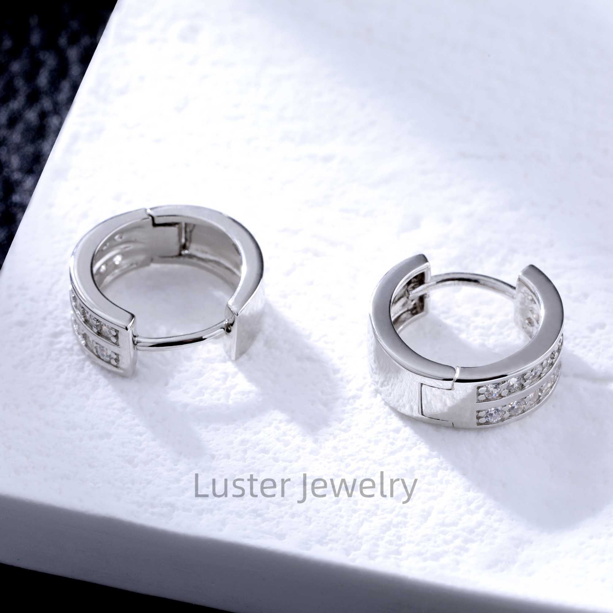 Luster Classic Daily Wear Small Round Brilliant Cut Moissanite 925 Sterling Silver Double Row Moissanite Huggies Earrings