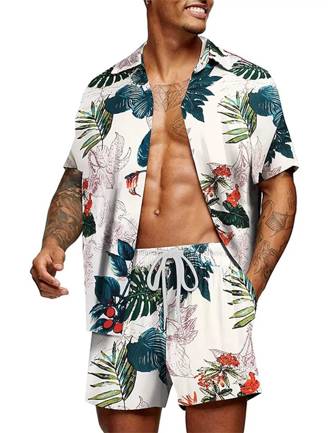 2023 Mens Shirt Set Retro Classic Stripe Pattern Color Pattern Comfortable Loose Tropical Jungle Vacation Fashion All-matchXJ250218