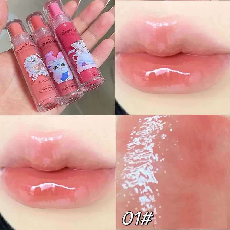 Lovely Cat Lip Glaze Jelly Mirror Liquid Lipstick Non-stick Cup Red Pink Lip Gloss Transparent Tinted Girls Cute Makeup CosmeticW250219