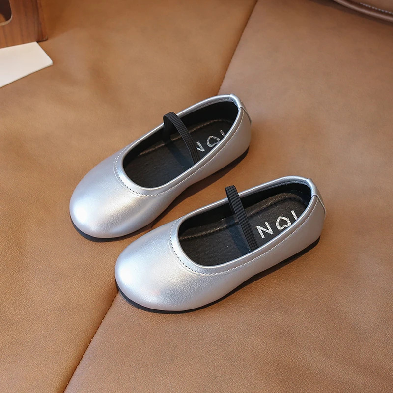 Spring Autumn Kids Leather Shoes Black Silver Versatile Little Girls Flat Shoes Causal Shallow Loafers for Kids Simple Fashion 250219