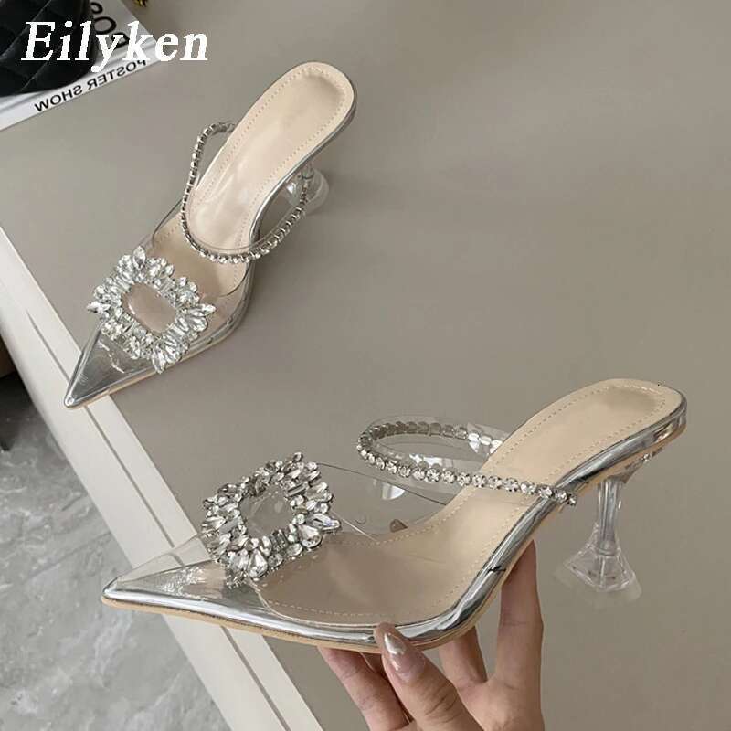 PVC Transparent Square Buckle Pumps Perspex Heel High Heels Pointed Toe Crystal Sgbacks Women Shoes