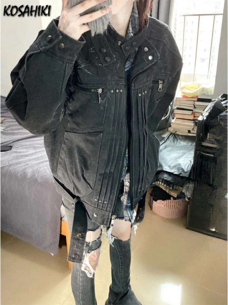 Vintage Black Denim Zipper Jackets Women Haruku Stand Neck Casual Loose Coat Streetwear Pocket Y2k Aesthetic Grunge Outwear