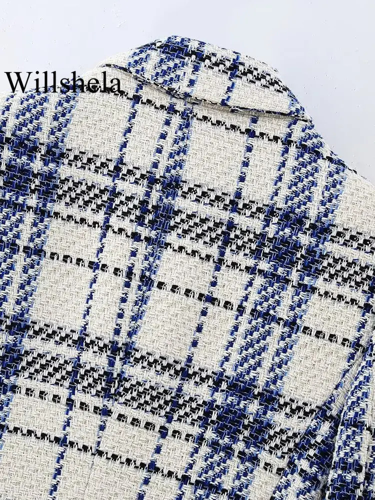 Willshela Women Fashion With Pockets Texture Plaid Double Breasted Blazer Vintage Notched Neck Long Sleeves Female Chic Outfits 250213