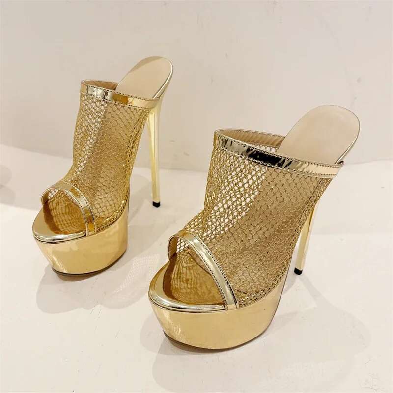 2025 New Design Mesh Fabric Sexy Women Slippers Platform Peep Toe Nightclub Stiletto High Heels Gold Sier Female Shoes