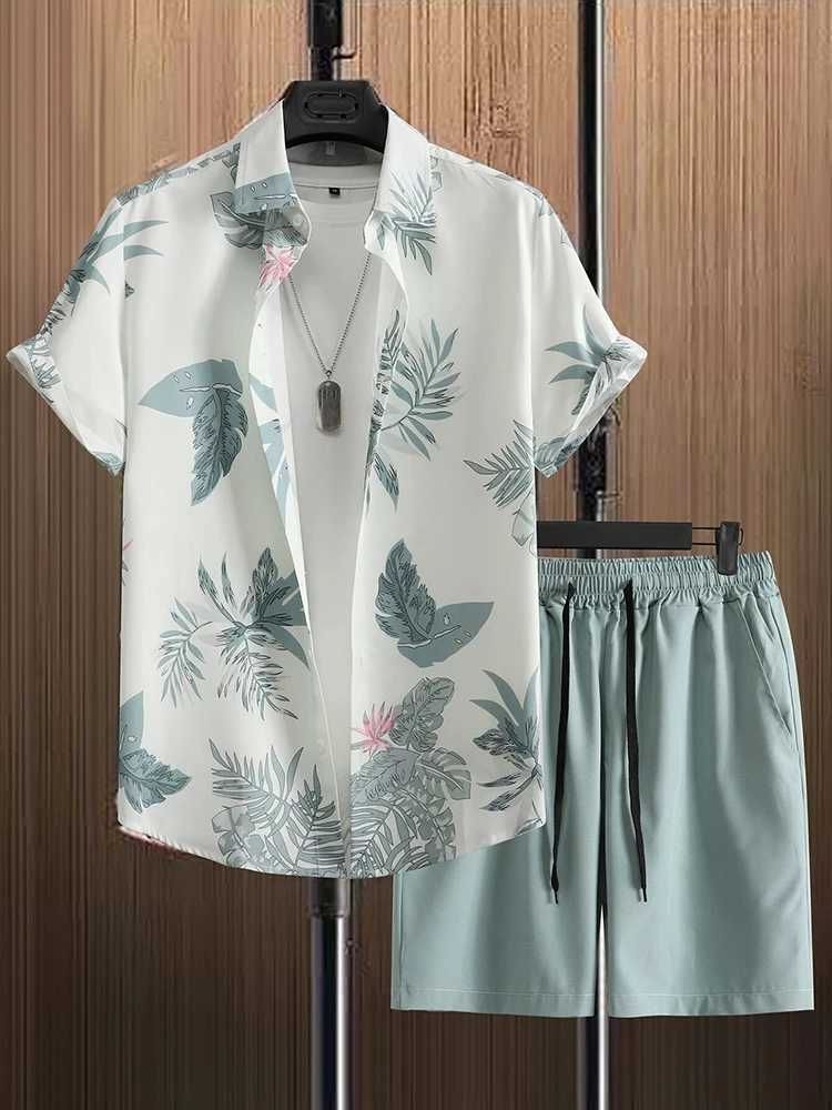 Fashion Flower Plant Print Mens Shirt Short Sleeve Shorts 2 Piece Summer Beach Casual Loose Shorts Tops Hawaiian Style Men SetsXJ250218