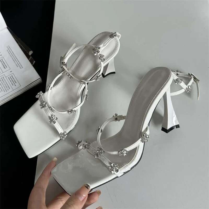 Summer Narrow Band Crystal Buckle Strap Sandals Womens High Heels Shoes Sexy Square Toe Party Dress atos Mujer