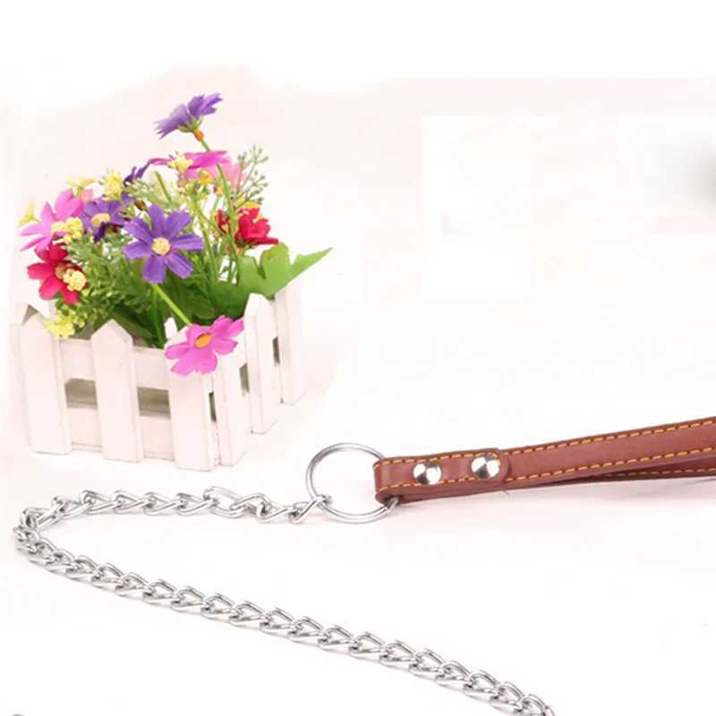Durable Anti-Bite Metal Dog Chain Lead For Small Medium Large Dog Chain Leash Handle Leads PU Leather Iron Chain Pet AccessoriesXJ250218