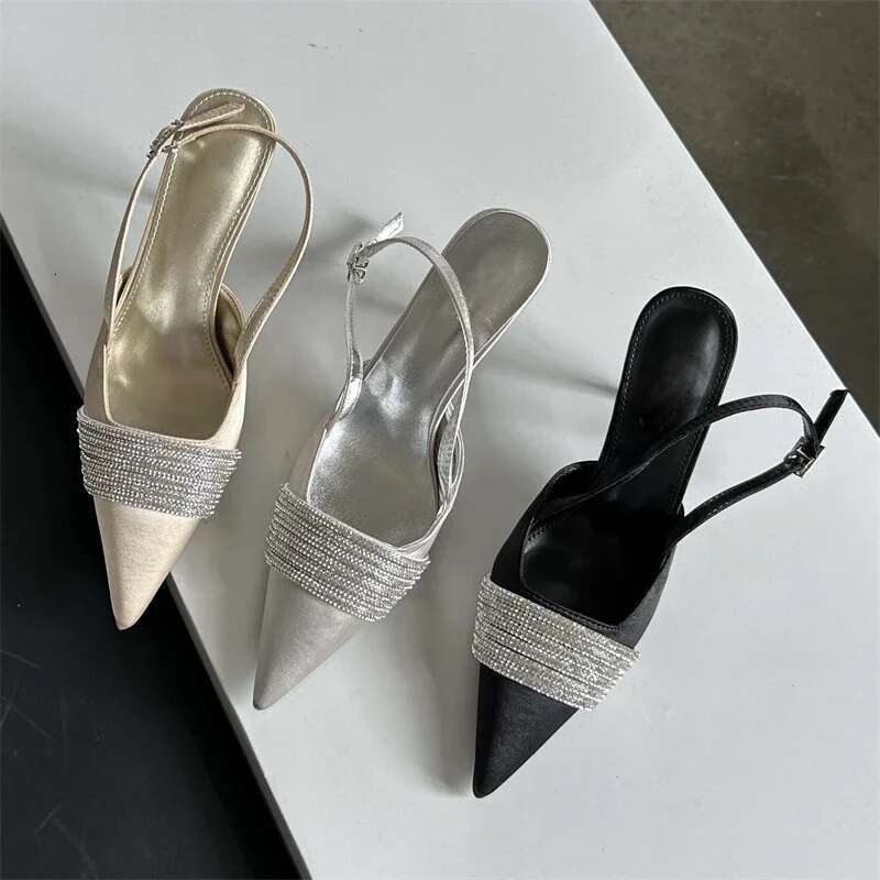 CRYSTAL Rhie Silk Women Pumps Sexy Sgbacks Buckle Strap Prom Thin Heels Elegant Sandals Mule Shoes
