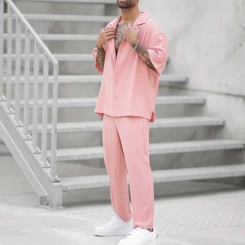 Summer Fashion Shirts and Pants Two-piece Mens Sets New Trend Solid Color Male Suit Pink Large Size Sweatshirts Ropa HombreXJ250218