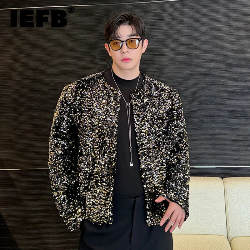 IEFB Niche n Mens Jackets Casual Collarless Sequins Single Breasted Tops Loose Solid Color Trend Male Short Coats 9C7940 250214