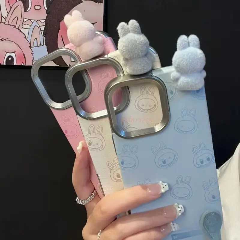 New Arrival New trendy doll Labubu anti-fall phone case 3D plush flocking doll non-cold hand anti-fall phone case Iphone 16/15 pro O250219