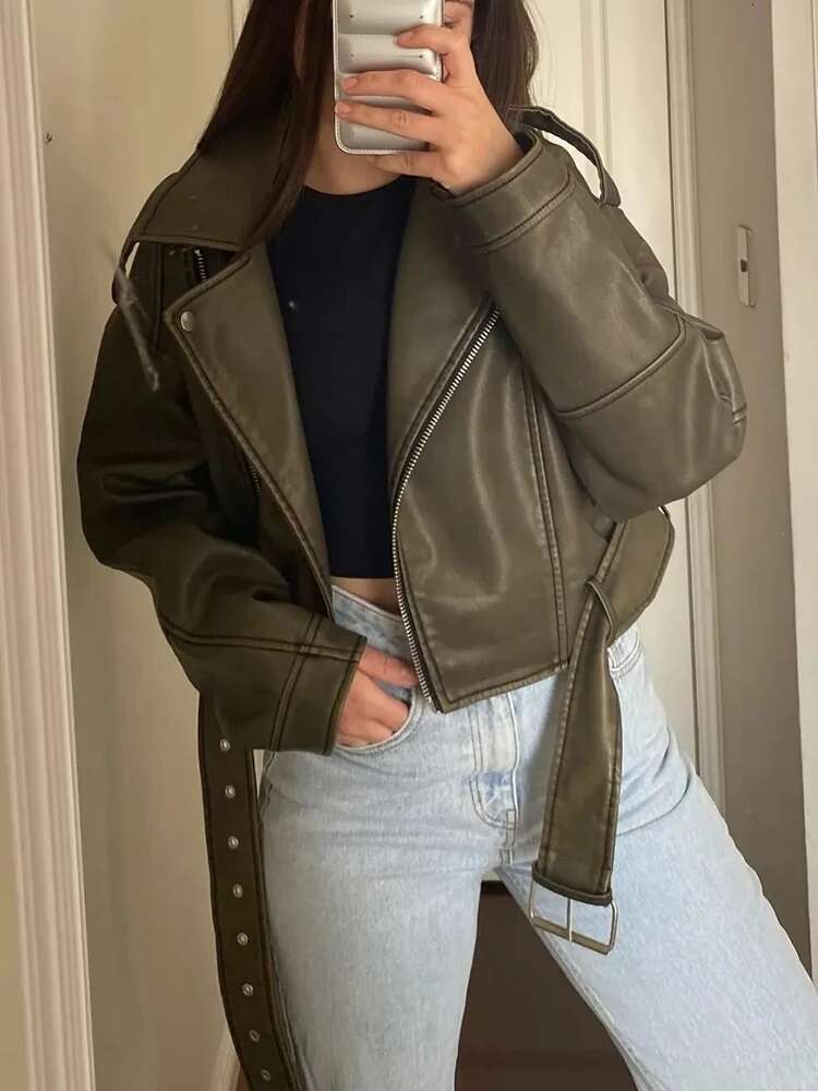 Aigo Vintage Women Loose Long Sleeve Pu Faux Leather Short Jacket with Belt Streetwear Female Retro Moto Biker Coat Outwear