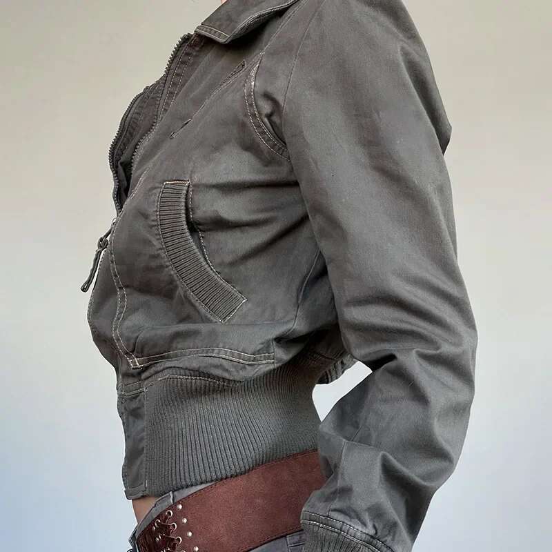 Retro Zipper Workwear Jacket Shortened Waist Flip Collar Patchwork Pocket Women's Clothing Standard Thickness NoEnName_Null