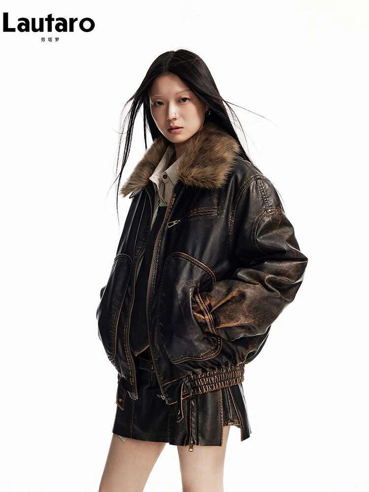 Lautaro Spring Autumn Cool Handsome Vintage Distressed Brown Pu Leather Jacket Women Faux Fur Collar Designer Clothing