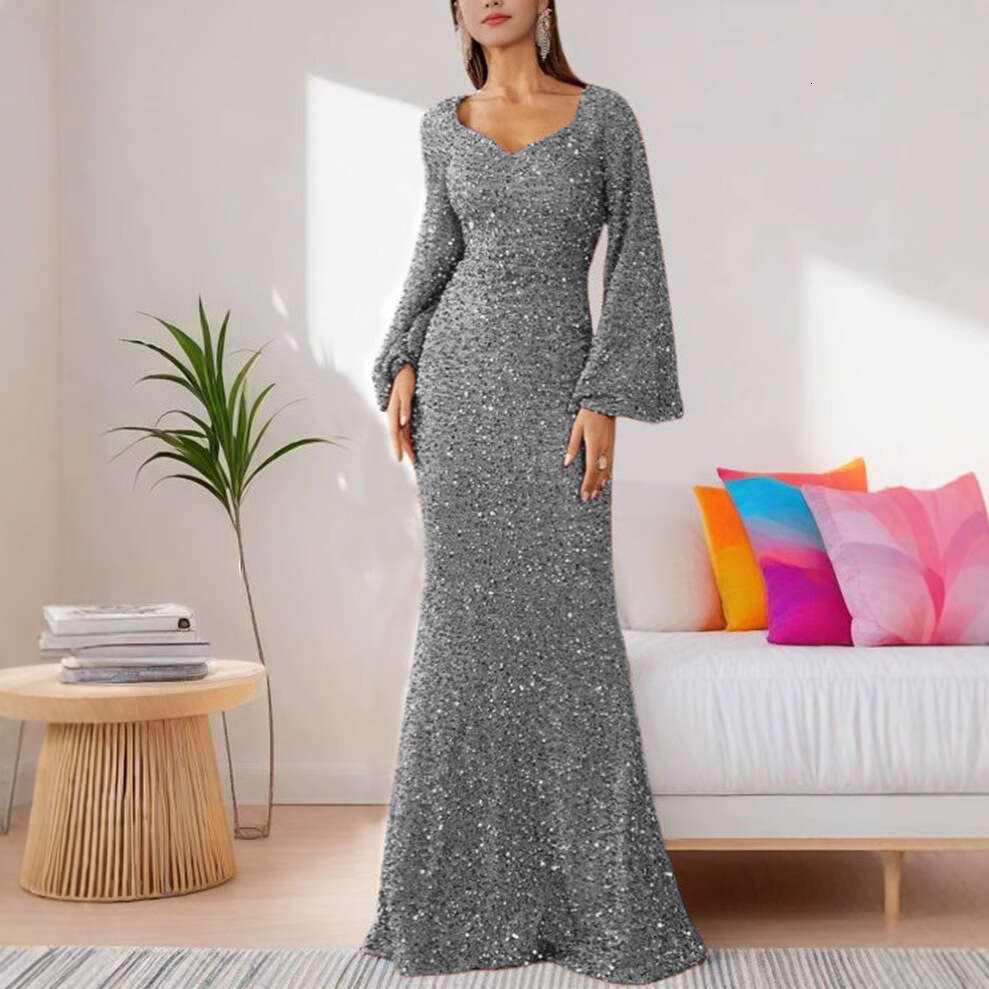 Fashionable V-neck Bag Hip Glitter European and American Mid waist Horn Sleeve Long Evening Dress 2025 Versatile New Trendy Clothing Ins