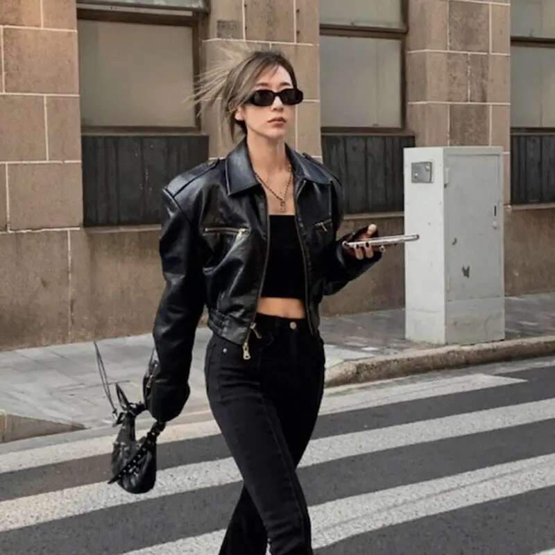 Vintage Pu Leather Motorcycle Bomber Jacket Double Zipper Long Sleeve Streetwear Autumn Short Tops Korean Chic Black Coat