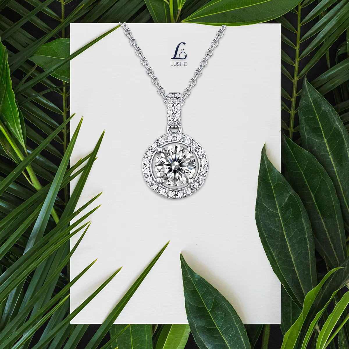 Halo Moissanite Dia Pendant Round Cut 2.0 CT Sterg Necklace D Color VVS1 Clarity for Women