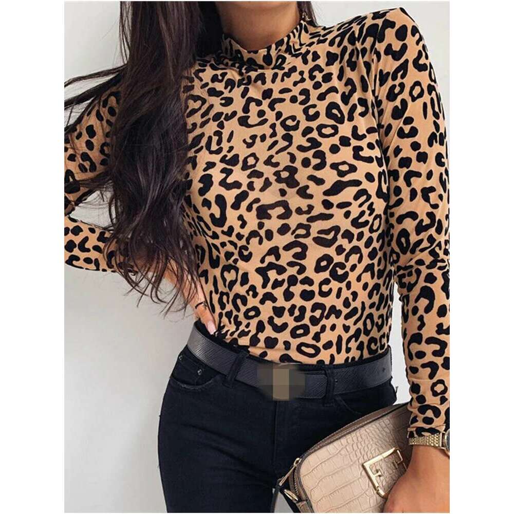 Women Fashion Leopard Print Turtle Neck Blouse Autumn Long Sleeve Shirts Party Ladies Clothes Womens Blouses And Tops