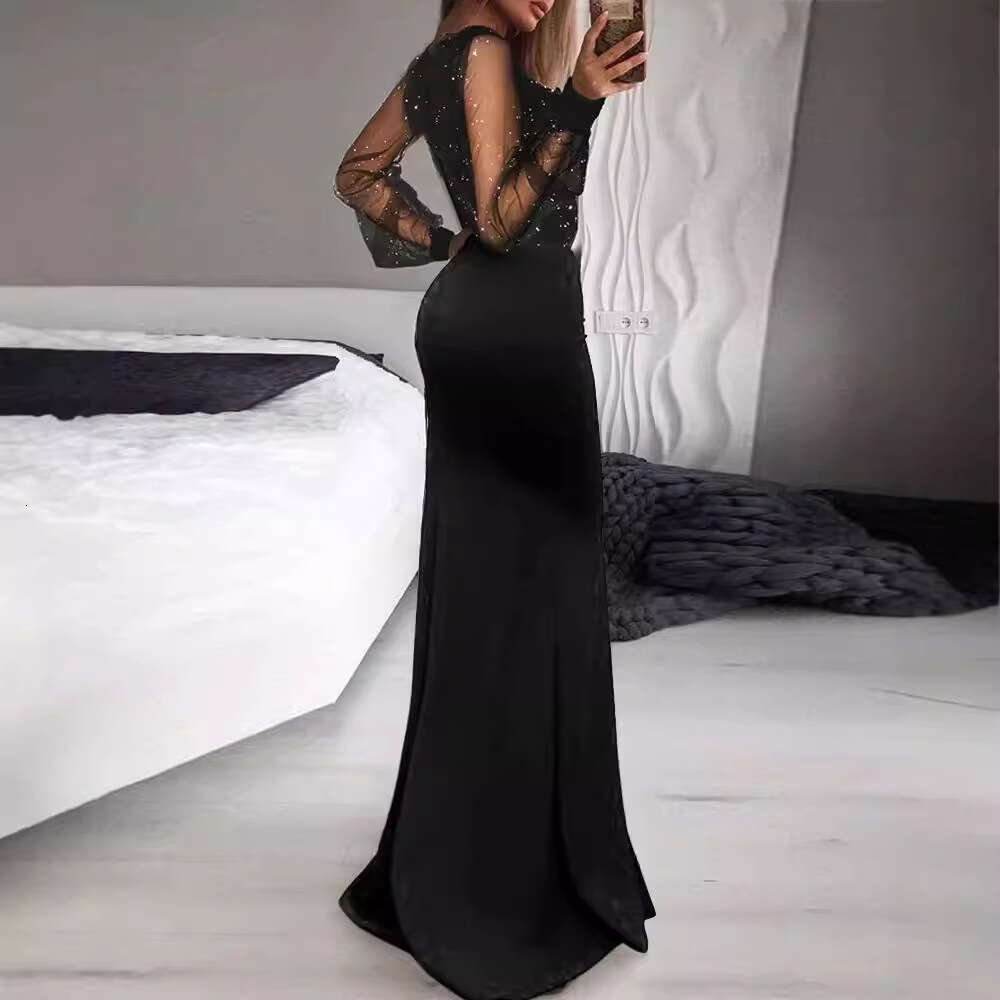 hip hing mid waist cinched black artistic mesh sequin commuting long skirt dress 2025 temperament versatile new trendy clothing ins