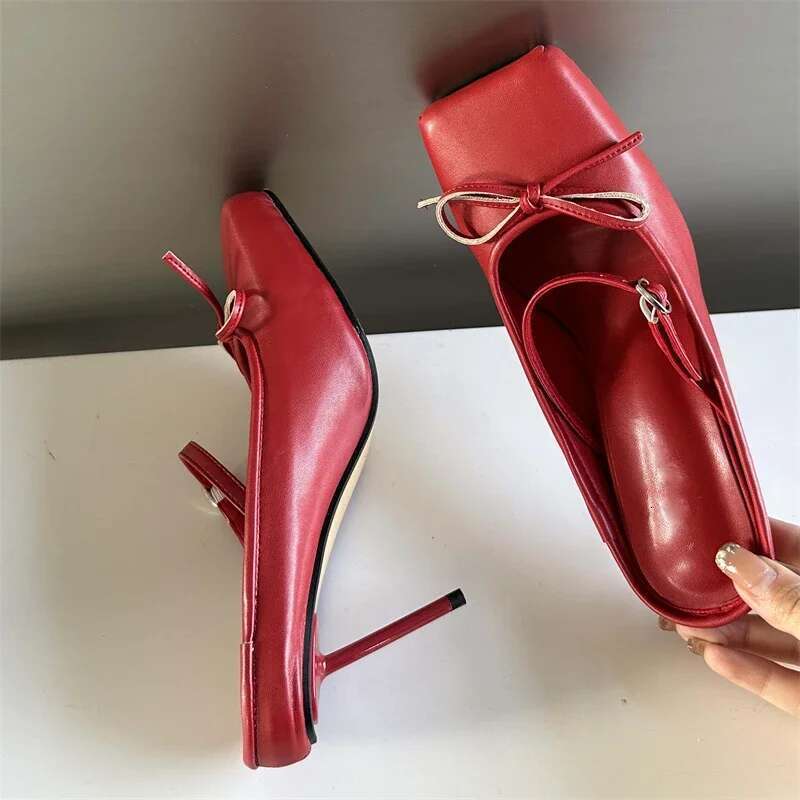 Spring Bowknot Square Toe Women Slippers Sexy Buckle Strap Thin High Heels Prom Mule Pumps Shoes atos De Mujer
