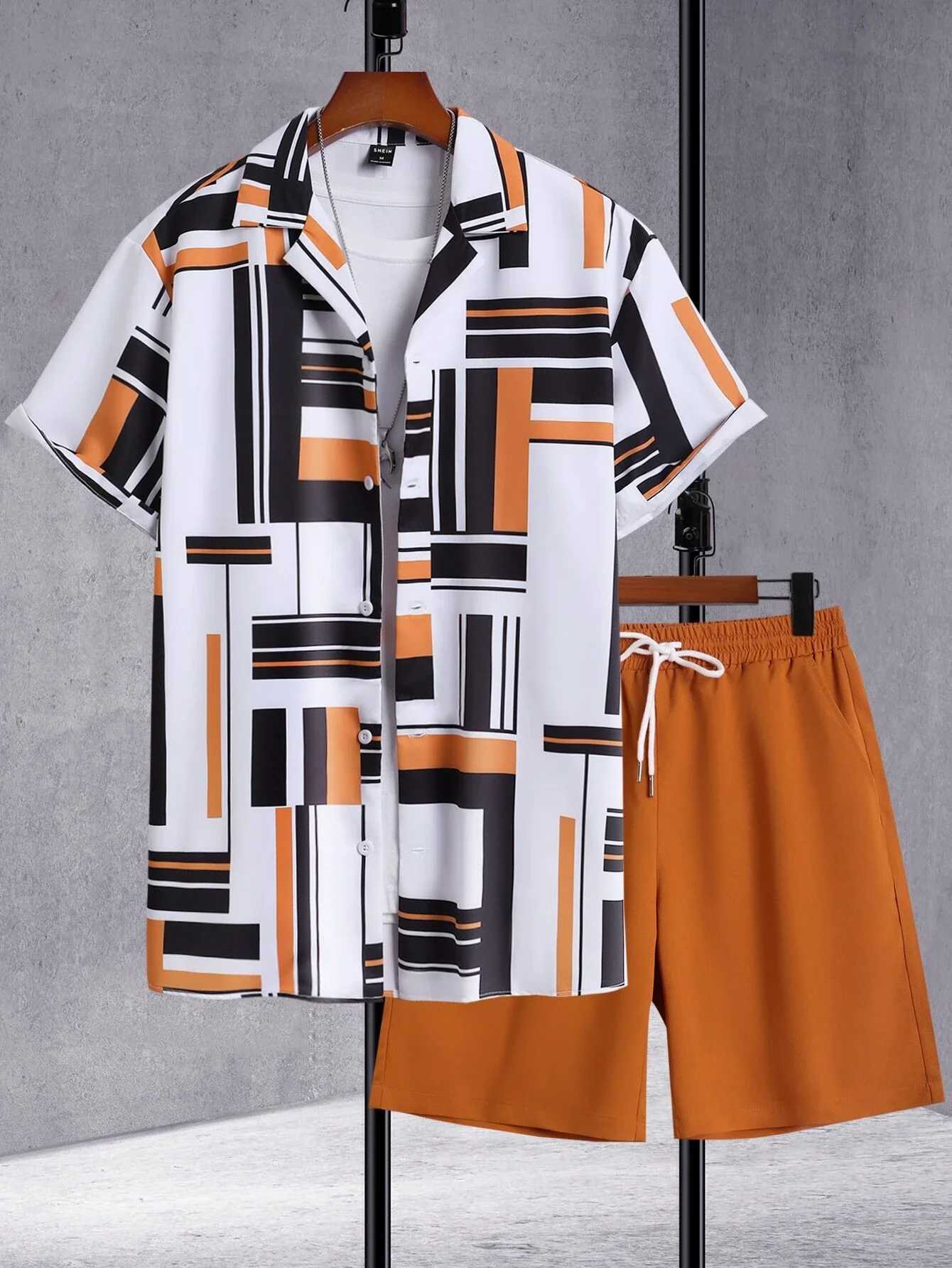 Square Stripe Splicing 3D Print Men Shirt Sets Short Sleeve Shirt Oversized Beach Shorts Streetwear Hawaiian Suits ClothesXJ250218