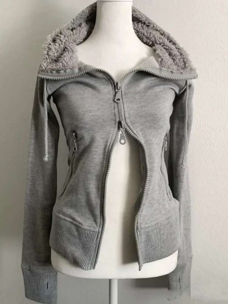 Black Faux Fur Wool Double Zipper Jacket Hoodies Women's Slim Waist Hooded Vintage Y2k Coat Ropa Mujer Casual Fashion Sweatshirt