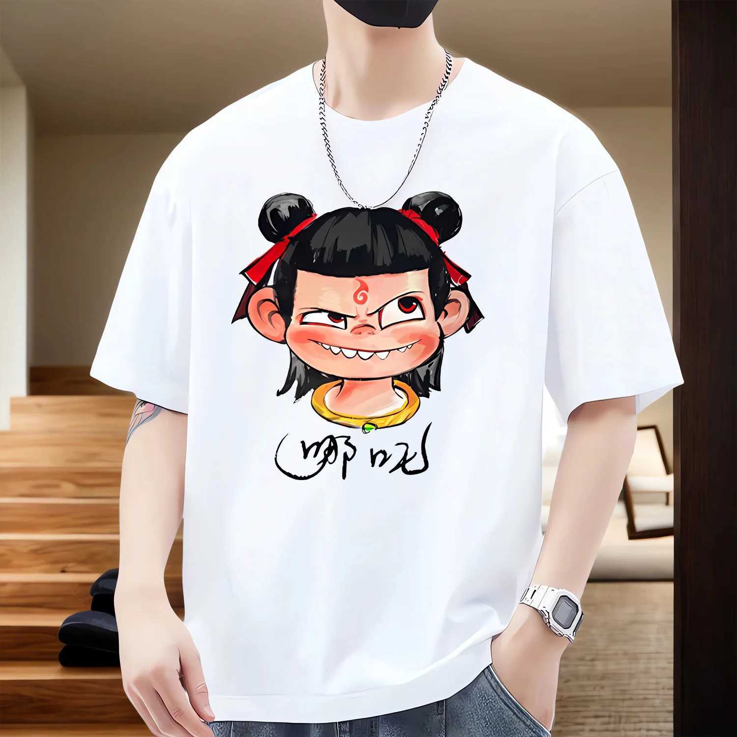 Nezha 2 Anime Printed T-shirt Ao Bingshen Male Leopard Taiyi Real Stone Lady Pattern Short Sleeve 100% Cotton Harajuku M250219