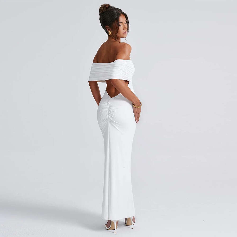women's European and American summer sexy temperament one shoulder exposed backpack hip pleat solid color dress 2025 new casual versatile fashion